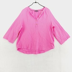 Elliott Lauren Pink Crepe Cotton 3/4 Button Barbie Core Lagenlook Blouse P3776